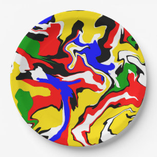 Red, Yellow, Black, Blue and Green Swirls Paper Plate