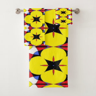 Red, Yellow, Black, Blue Floral kaleidoscope 8280 Bath Towel Set