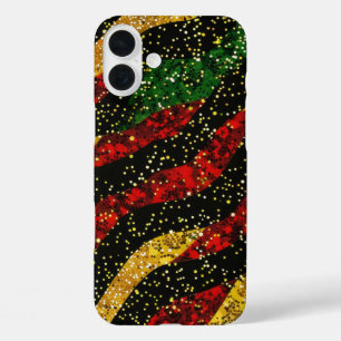 Red Yellow Black Waves of Festive Glitter iPhone 16 Plus Case