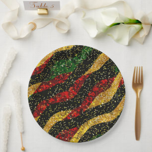 Red Yellow Black Waves of Festive Glitter Paper Plate