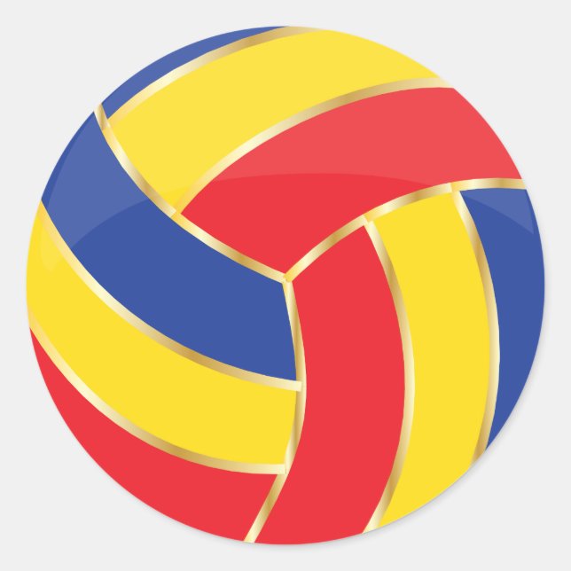 Red, Yellow, Blue and Gold Volleyball Classic Round Sticker (Front)