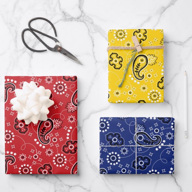 Red Yellow Blue Bandana Classic Pattern Fun  Wrapping Paper Sheet (Front)