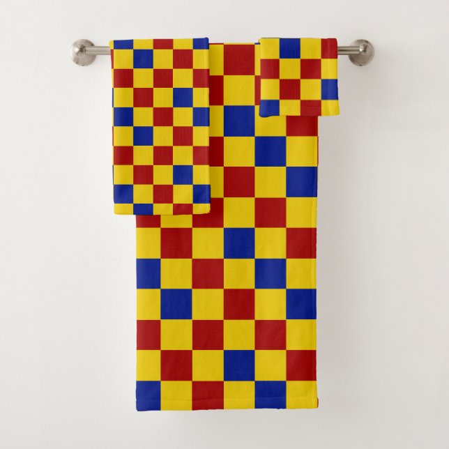Red Yellow Blue Chequered Pattern Design  Bath Towel Set (Insitu)