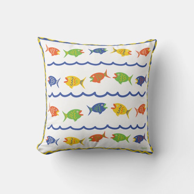 Red Yellow Blue Green Fish Throw Pillow (Front)