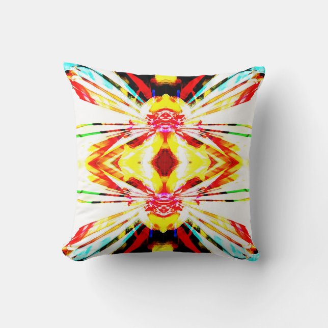 Red Yellow Blue on White Abstract Sunflower Motif Throw Pillow (Front)