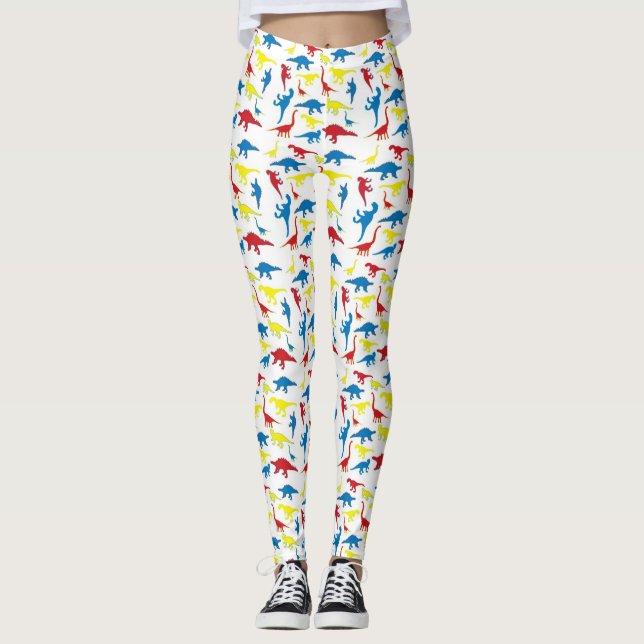 Red yellow blue pattern dinosaurs leggings (Front)