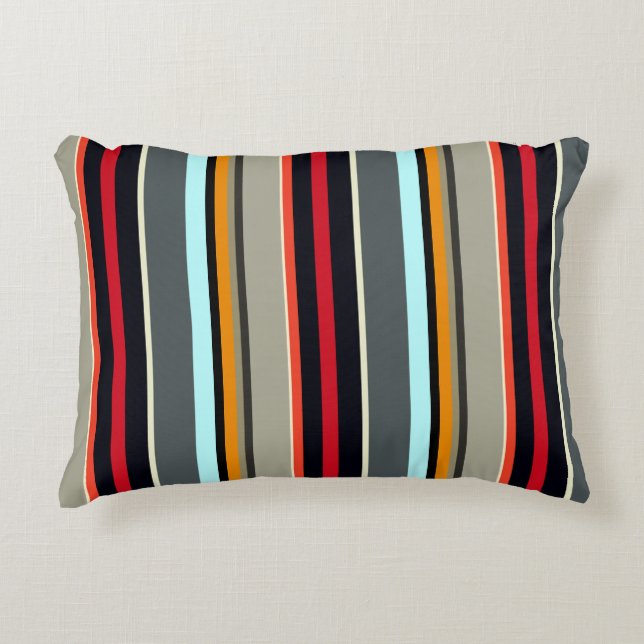 Red Yellow Blue Silver Grey Striped Pattern Accent Pillow (Front)