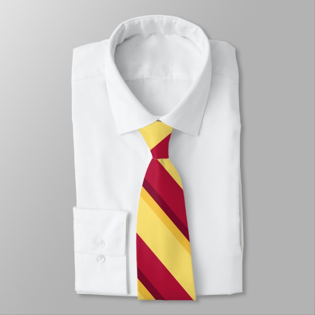 Red Yellow Burgundy and Gold Diagonally-Stripe Tie (Tied)