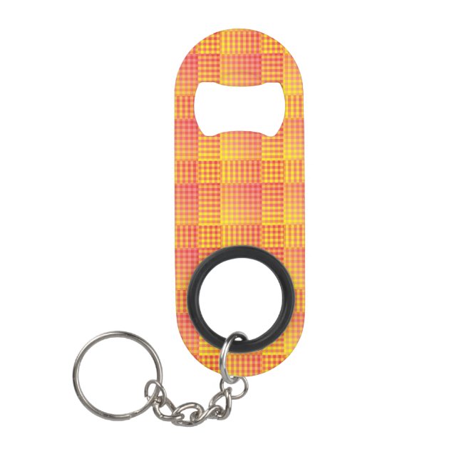 Red Yellow Chequered Abstract Pattern Keychain Bottle Opener (Front)