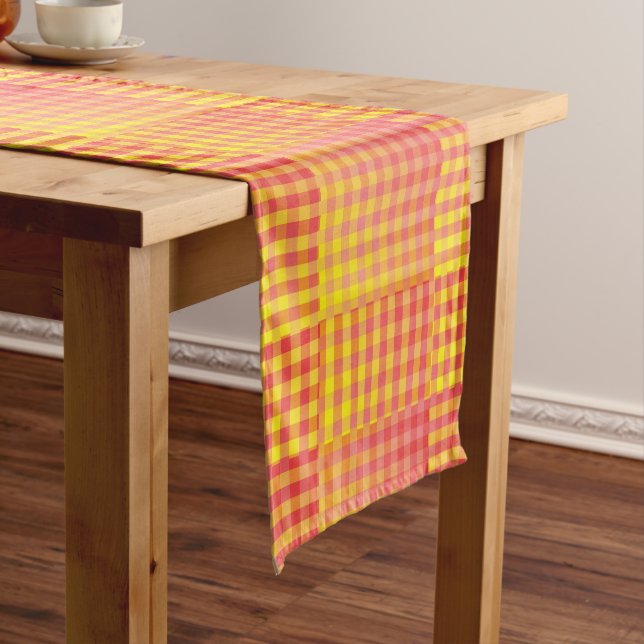 Red Yellow Chequered Abstract Pattern Short Table Runner (In Situ)