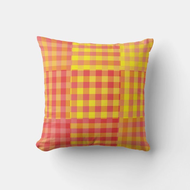 Red Yellow Chequered Patchwork Pattern Throw Pillow (Front)