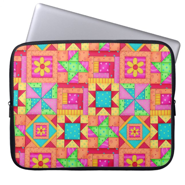 Red Yellow Colourful Patchwork Block Quilt Art Laptop Sleeve (Front)
