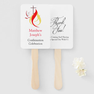Red Yellow Fire Dove Cross Confirmation Editable Hand Fan