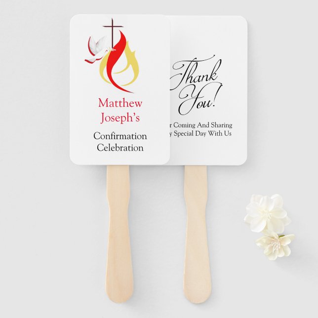 Red Yellow Fire Dove Cross Confirmation Editable Hand Fan (Front and Back)
