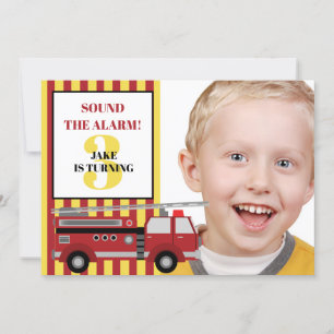 Red Yellow Firetruck Child's 3rd Birthday Photo Invitation