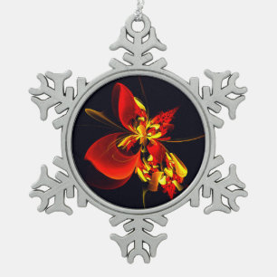 Red Yellow Floral Modern Abstract Art Pattern #10 Snowflake Pewter Christmas Ornament