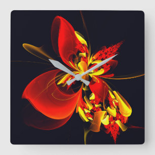 Red Yellow Floral Modern Abstract Art Pattern #10 Square Wall Clock