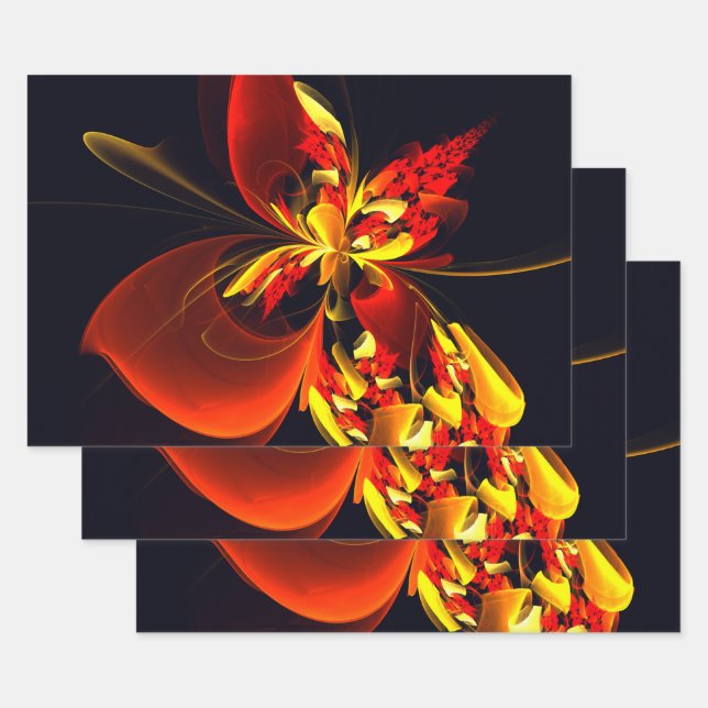 Red Yellow Floral Modern Abstract Art Pattern #10 Wrapping Paper Sheet (Set)
