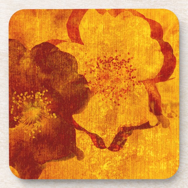 Red yellow flower grunge digital graphic art coaster (Front)