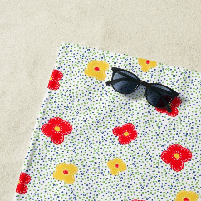 Red yellow flowers green blue circle polka dot beach towel (In Situ)