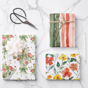 Red Yellow Flowers Stripes Birthday Wrapping Paper Sheet