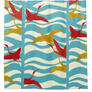 RED YELLOW FLYING CRANES ON WHITE BLUE SEA WAVES