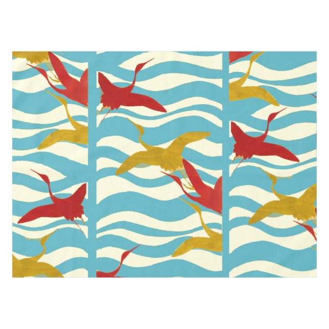 RED YELLOW FLYING CRANES ON WHITE BLUE SEA WAVES TABLECLOTH (Front (Horizontal))