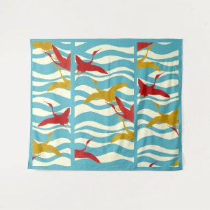 RED YELLOW FLYING CRANES ON WHITE BLUE SEA WAVES  TAPESTRY