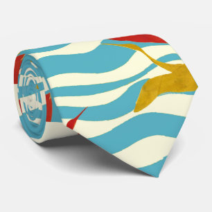 RED YELLOW FLYING CRANES ON WHITE BLUE SEA WAVES TIE