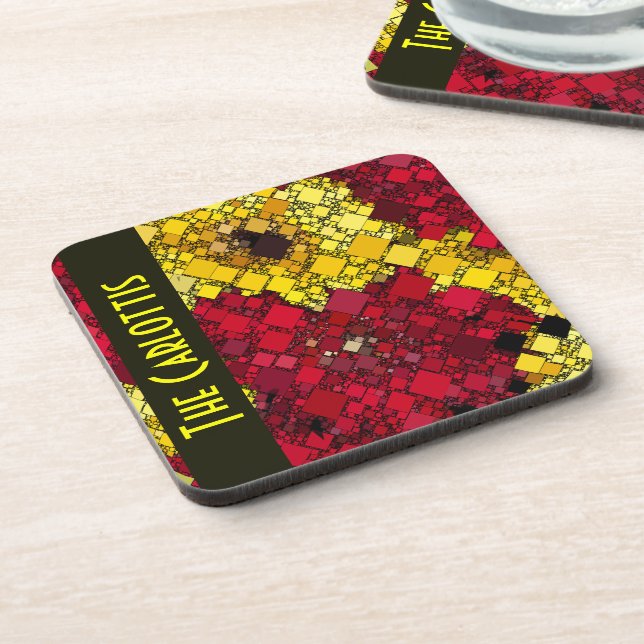 Red, Yellow Gold Mini Box Background Personalized Coaster (Left Side)