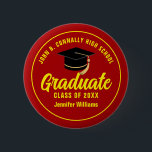 Red Yellow Graduate Custom Graduation Name Tag 2 Inch Round Button<br><div class="desc">This modern red and yellow custom senior graduate button features classy white typography of your high school or college name for the class of 2025. Customize with your graduating year under the chic black handwritten script and black grad cap for a great personalized graduation name tag for a party or...</div>
