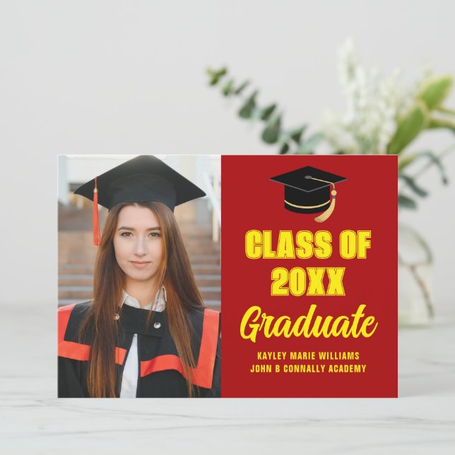 Red Yellow Graduate Photo Modern Graduation Announcement (Standing Front)