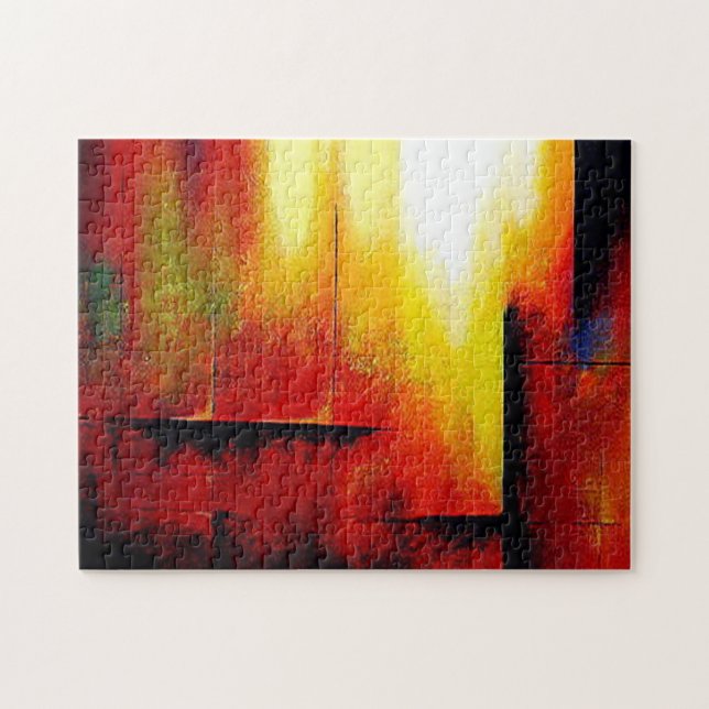 Red Yellow Green Black Trendy Modern Abstract Art Jigsaw Puzzle (Horizontal)