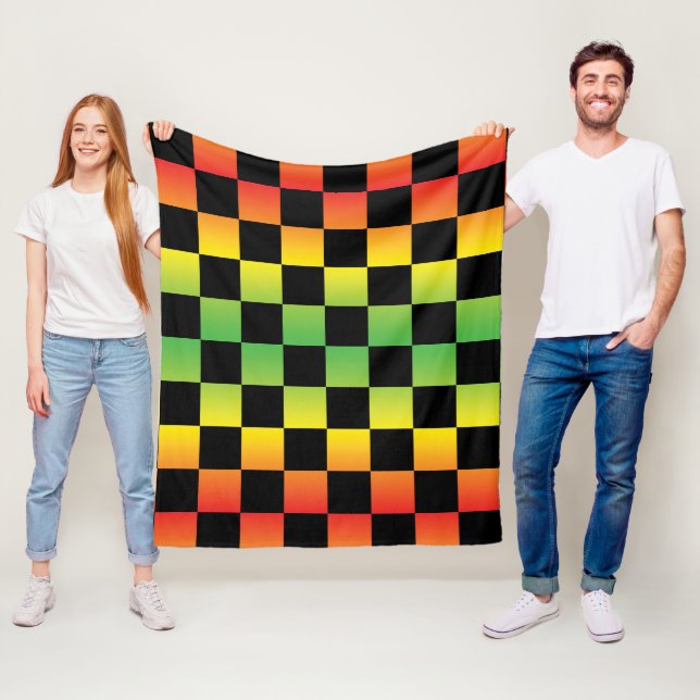 Red Yellow Green Rasta Ombre Chequerboard Fleece Blanket (In Situ)
