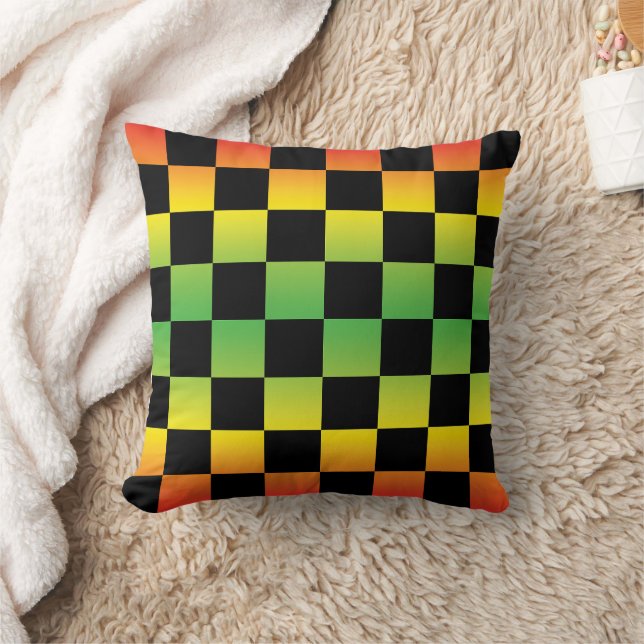 Red Yellow Green Rasta Ombre Chequerboard Throw Pillow (Blanket)