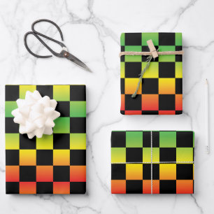 Red Yellow Green Rasta Ombre Chequerboard Wrapping Paper Sheet