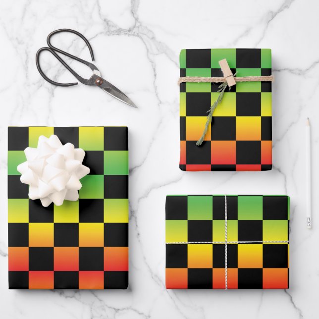 Red Yellow Green Rasta Ombre Chequerboard Wrapping Paper Sheet (Front)