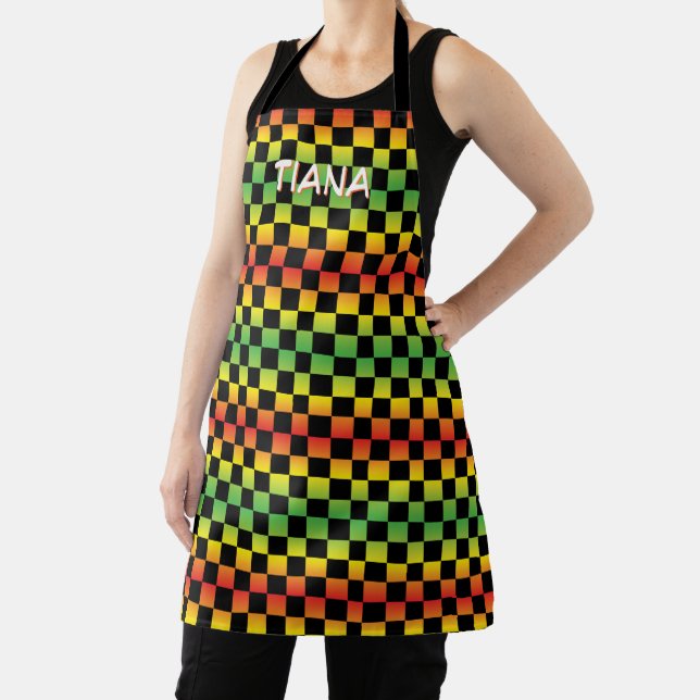  Red Yellow Green Rasta Ombre Chequered Monogram Apron (Insitu)