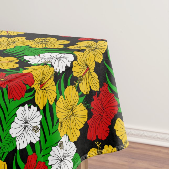 Red Yellow Green Tropical Hibiscus Flowers Tablecloth (In Situ)