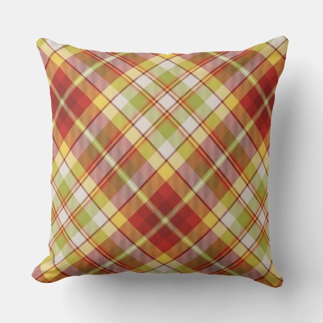 Red, Yellow, Green & White Fall Colours Plaid Throw Pillow (Front)
