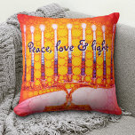 Red Yellow Hanukkah Menorah Peace Love  Light Bold Throw Pillow<br><div class="desc">“Peace, love & light.” A close-up photo of a bright, colourful, red orange and yellow gold artsy menorah helps you usher in the holiday of Hanukkah in style. Feel the warmth and joy of the holiday season whenever you relax on this stunning, colourful Hanukkah throw pillow. Makes a striking set...</div>