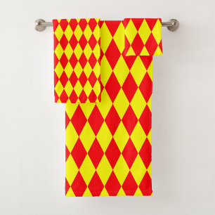 Red Yellow Harlequin Checkered Design  Bath Towel Set