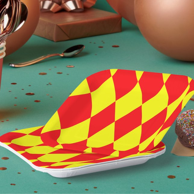 Red Yellow Harlequin Checkered Design  Paper Plate (Creator Uploaded)