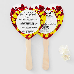 Red & Yellow Hearts & Roses Wedding Program Hand Fan