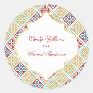 Red Yellow Moroccan Tiles Pattern Classic Round Sticker