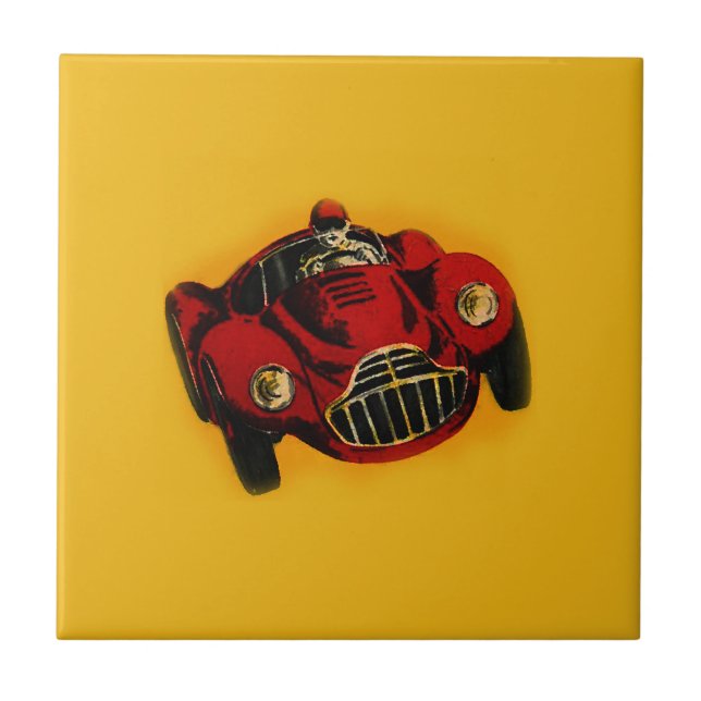 Red Yellow Old Auto Racing Car Tile (Front)