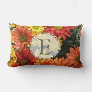 Red, yellow, orange colourful autumn daisy flowers lumbar pillow