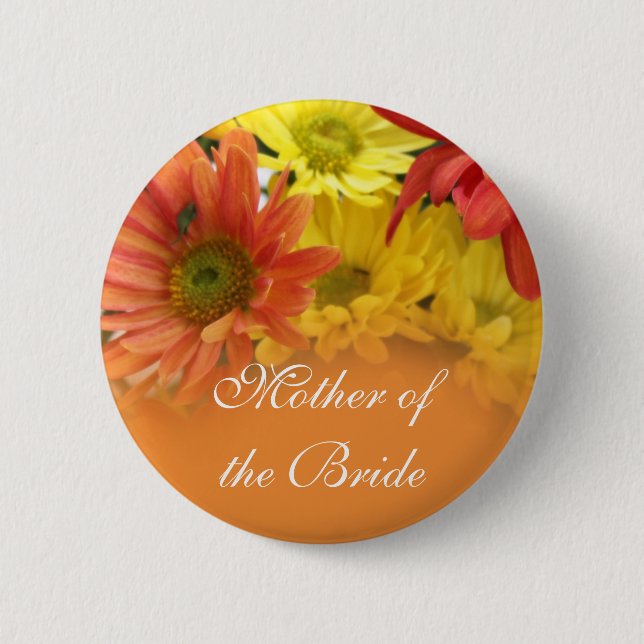 Red, yellow, orange daisy flower wedding name 2 inch round button (Front)