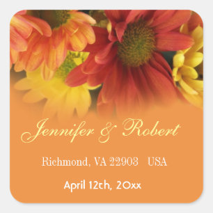 Red, yellow, orange daisy flowers wedding favour square sticker