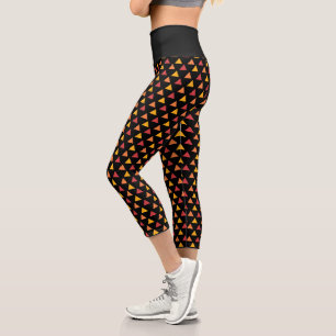 Red Yellow Orange on Black Triangle Pattern Capri Leggings